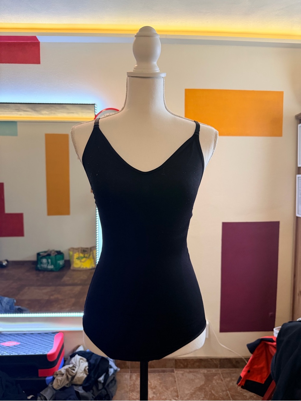 Amazon Essentials Black Ribbed V-Neck Tank Bodysuit
